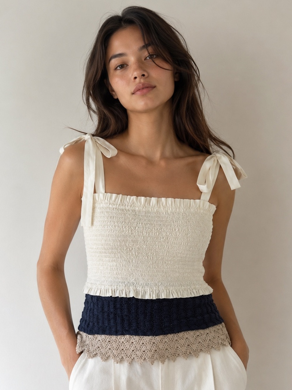 English Factory Cream Smocked Tank with lace and Tie Straps, size L